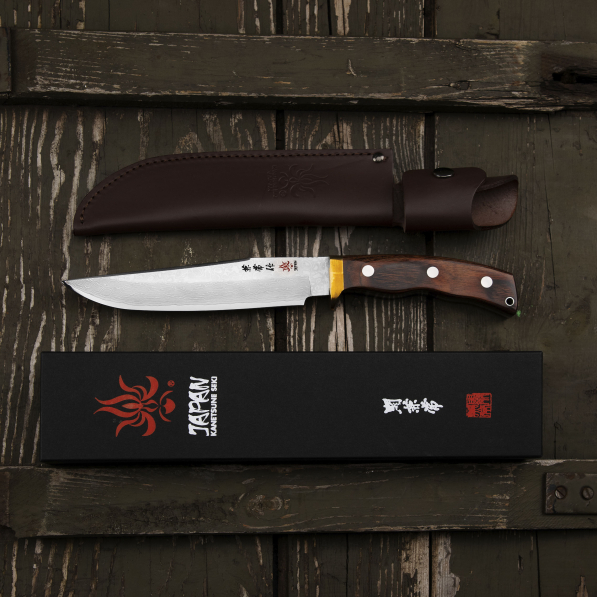 KANETSUNE SEKI Subaru 18 cm - japoński nóż myśliwski ze stali damasceńskiej w etui / pochwie