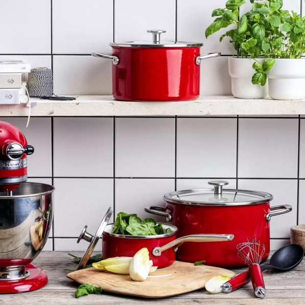 KITCHENAID Steel Core Enamel - zestaw 3 garnków emaliowanych z pokrywkami i akcesoriami