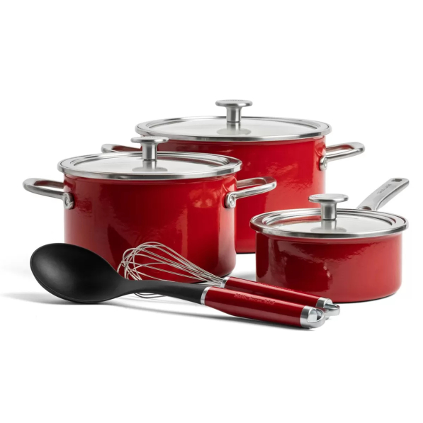 KITCHENAID Steel Core Enamel - zestaw 3 garnków emaliowanych z pokrywkami i akcesoriami