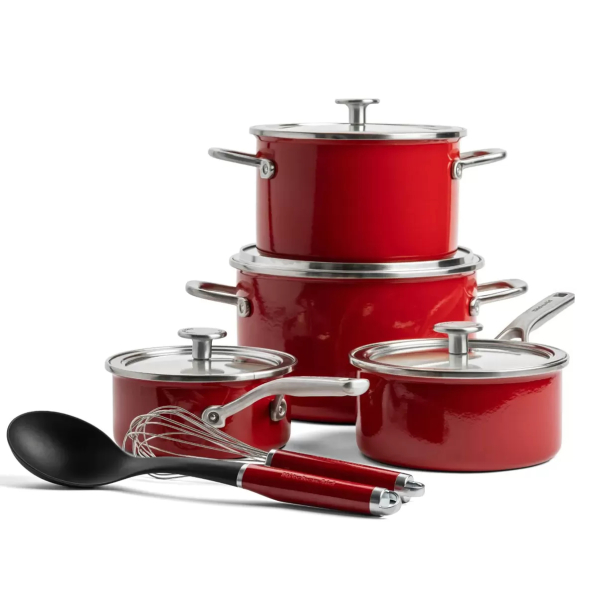 KITCHENAID Steel Core Enamel - zestaw 4 garnków emaliowanych z pokrywkami i akcesoriami