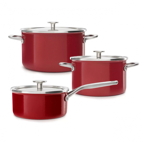 KITCHENAID Steel Core Enamel czerwony - zestaw 3 garnków emaliowanych z pokrywkami