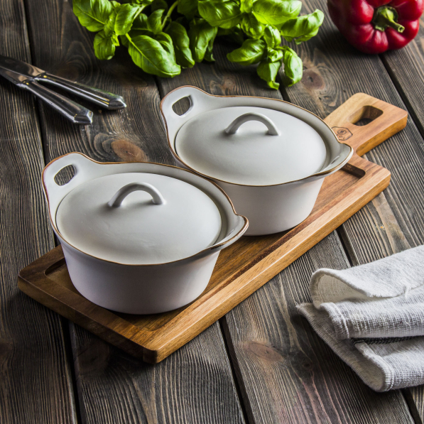 Kokilki / Naczynia do zapiekania kamionkowe 2 szt. EXCELLENT HOUSEWARE z deską do serwowania REVOL 350 ml