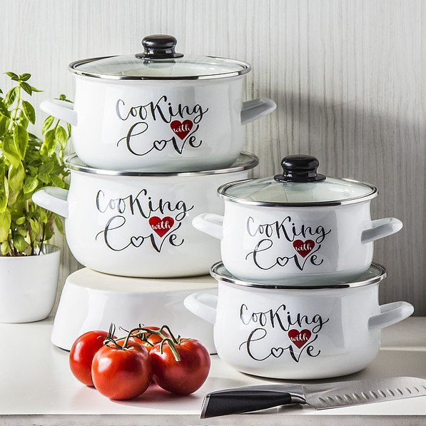 Zestaw 4 garnków emaliowanych z pokrywkami COOKING WITH LOVE BIAŁY