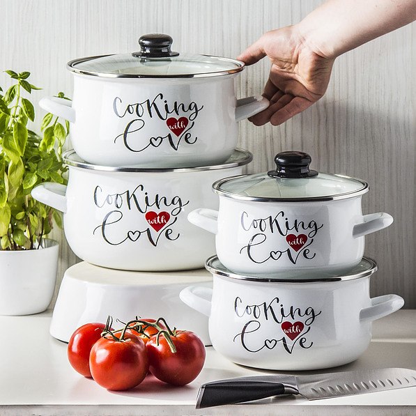 Zestaw 4 garnków emaliowanych z pokrywkami COOKING WITH LOVE BIAŁY