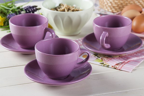 Filiżanki do kawy i herbaty ceramiczne ze spodkami COFFEE FIOLETOWE 200 ml 6 szt.