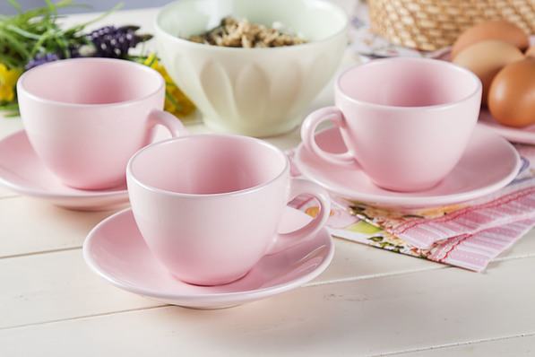 Filiżanki do kawy i herbaty ceramiczne ze spodkami COFFEE RÓŻOWE 200 ml 6 szt.