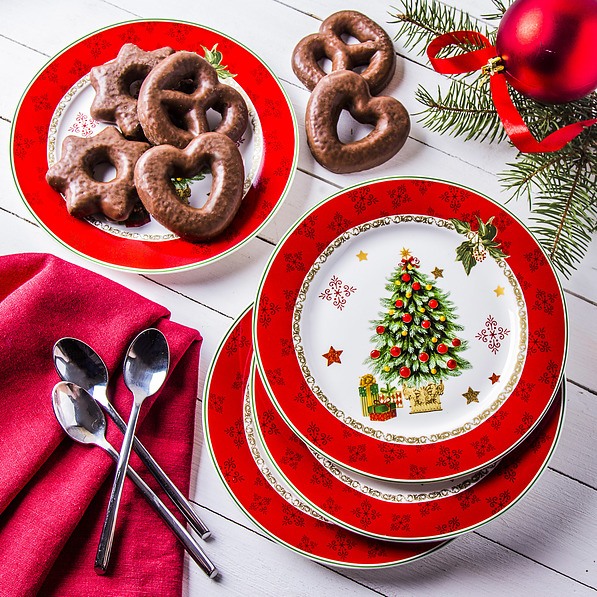 Komplet talerzy deserowych porcelanowych MERRY CHRISTMAS CZERWONE na 4 osoby (4 el.)