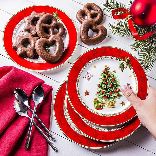 Komplet talerzy deserowych porcelanowych MERRY CHRISTMAS CZERWONE na 4 osoby (4 el.)