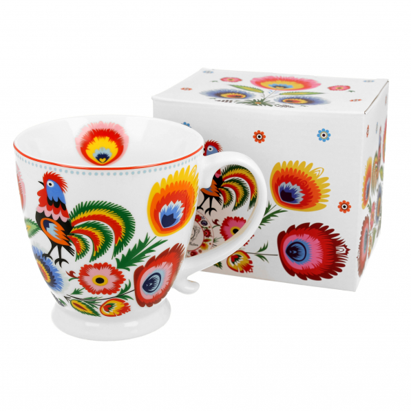 Kubek na stopce porcelanowy DUO ETNO KOGUT ŁOWICKI BIAŁY 480 ml