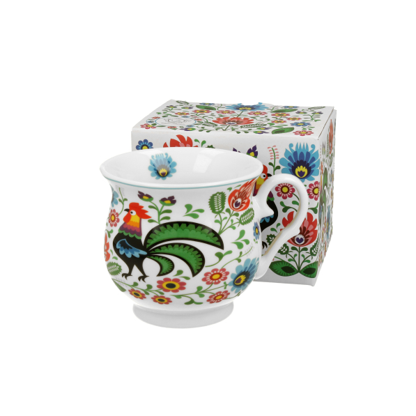 Kubek porcelanowy na stopce DUO ETNO KOGUTY FOLK 470 ml