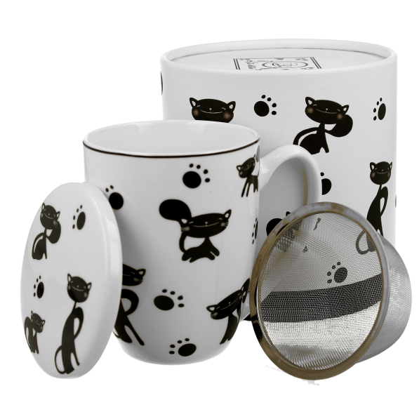 Kubek porcelanowy z zaparzaczem DUO ANIMALS KOTY CZARNE 350 ml