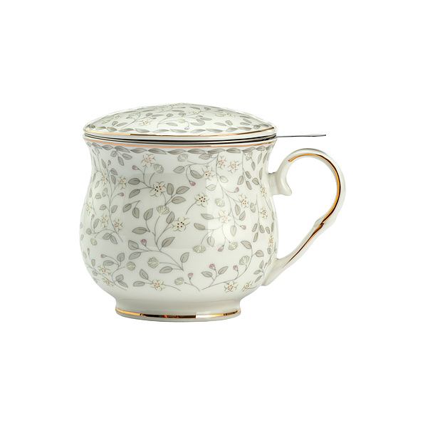 Kubek porcelanowy z zaparzaczem i pokrywką ALICE II BIAŁO-SZARY 480 ml