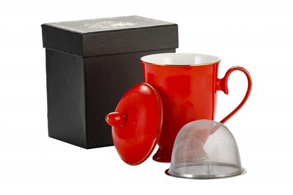 Kubek porcelanowy z zaparzaczem i pokrywką CZERWONY 325 ml