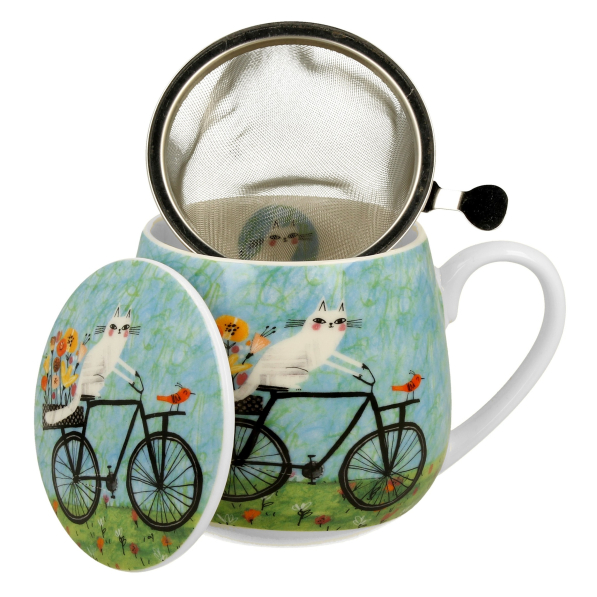 Kubek porcelanowy z zaparzaczem i pokrywką DUO ANIMALS KOCI ŚWIAT ROWER 430 ml