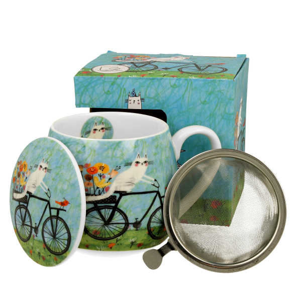 Kubek porcelanowy z zaparzaczem i pokrywką DUO ANIMALS KOCI ŚWIAT ROWER 430 ml