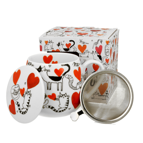Kubek porcelanowy z zaparzaczem i pokrywką DUO ANIMALS KOCI ŚWIAT SERCA 430 ml