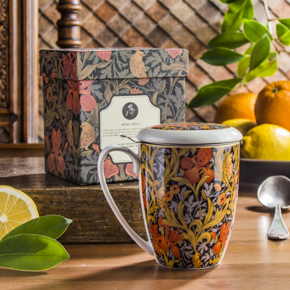 Kubek porcelanowy z zaparzaczem i pokrywką DUO ART GALLERY ORANGE IRISES BY WILLIAM MORRIS 380 ml