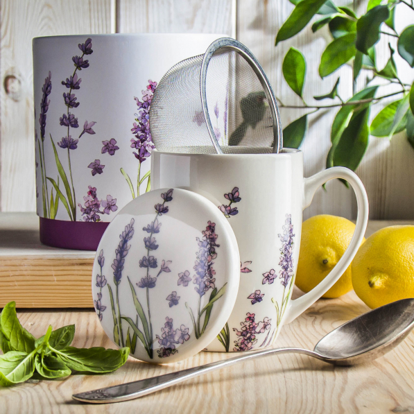 Kubek porcelanowy z zaparzaczem i pokrywką DUO CLASSIC LAVENDER BIAŁY 420 ml