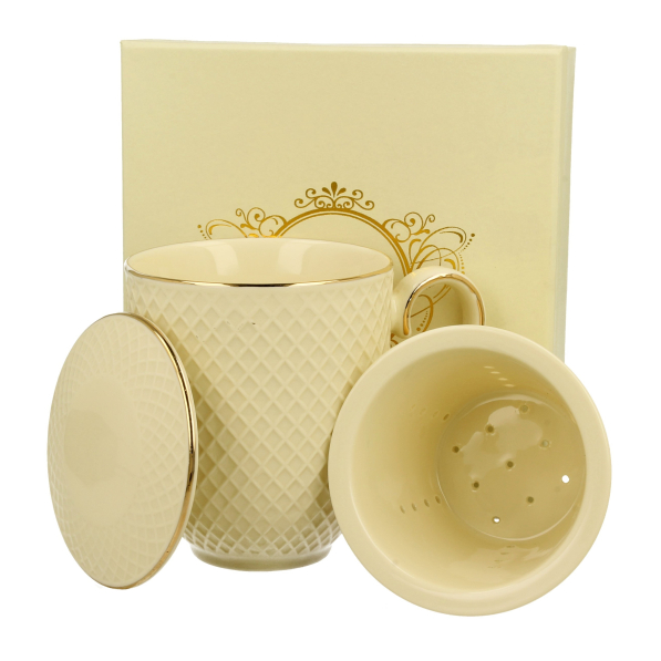 Kubek porcelanowy z zaparzaczem i pokrywką DUO ECRU VESPER 420 ml
