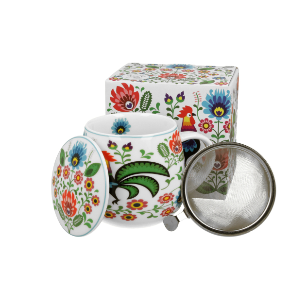 Kubek porcelanowy z zaparzaczem i pokrywką DUO ETNO KOGUTY FOLK 430 ml