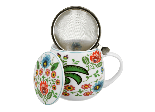 Kubek porcelanowy z zaparzaczem i pokrywką DUO ETNO KOGUTY FOLK 430 ml