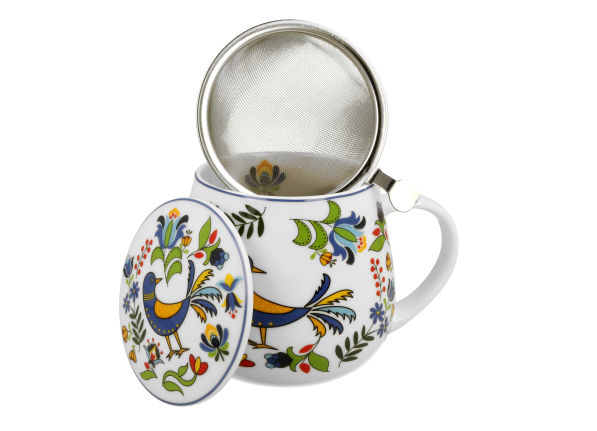 Kubek porcelanowy z zaparzaczem i pokrywką DUO ETNO PTASZEK KASZUBSKI 430 ml