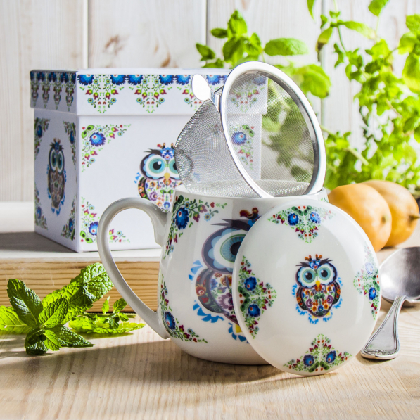 Kubek porcelanowy z zaparzaczem i pokrywką DUO ETNO SOWA BIAŁY 430 ml