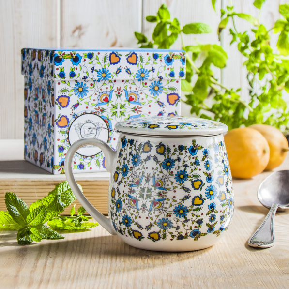 Kubek porcelanowy z zaparzaczem i pokrywką DUO ETNO WZÓR KASZUBSKI 430 ml