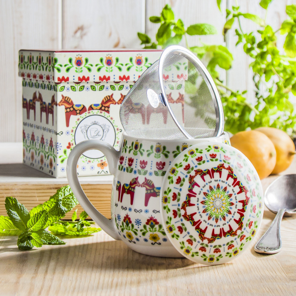 Kubek porcelanowy z zaparzaczem i pokrywką DUO ETNO WZÓR SKANDYNAWSKI 430 ml