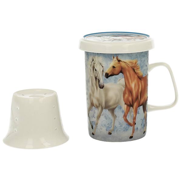 Kubek porcelanowy z zaparzaczem i pokrywką DUO HORSES BŁĘKITNY 350 ml