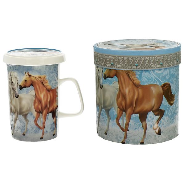 Kubek porcelanowy z zaparzaczem i pokrywką DUO HORSES BŁĘKITNY 350 ml