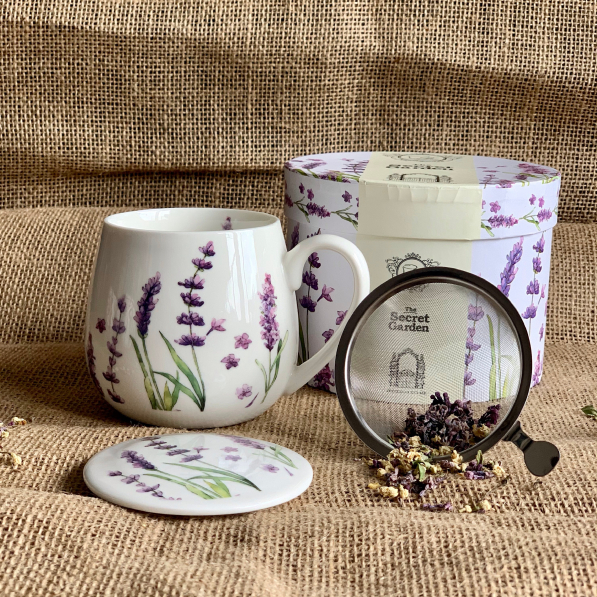 Kubek porcelanowy z zaparzaczem i pokrywką DUO LAVENDER CLASSIC BIAŁY 430 ml