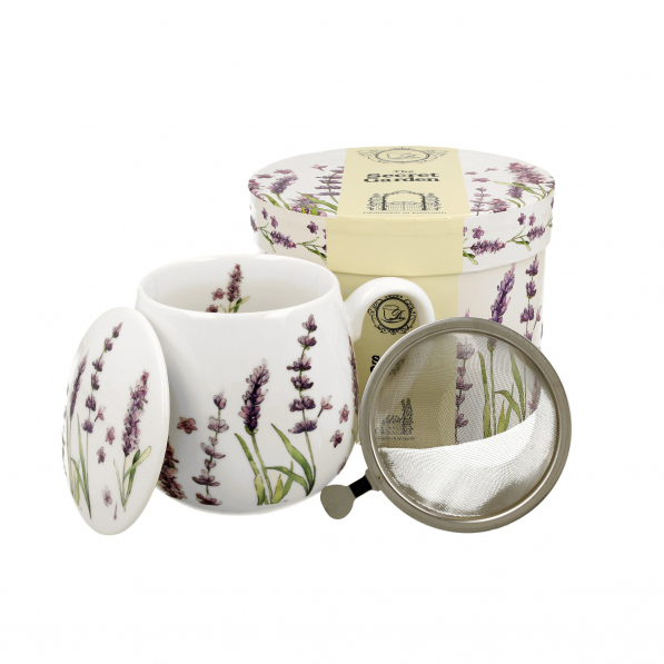 Kubek porcelanowy z zaparzaczem i pokrywką DUO LAVENDER CLASSIC BIAŁY 430 ml