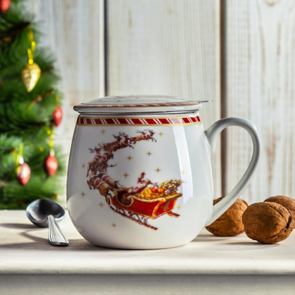 Kubek porcelanowy z zaparzaczem i pokrywką DUO SANTA ON SLEIGH 430 ml