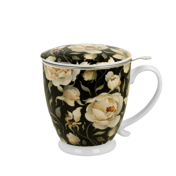 Kubek porcelanowy z zaparzaczem i pokrywką DUO THE SECRET GARDEN ENGLISH ROSES BLACK 510 ml