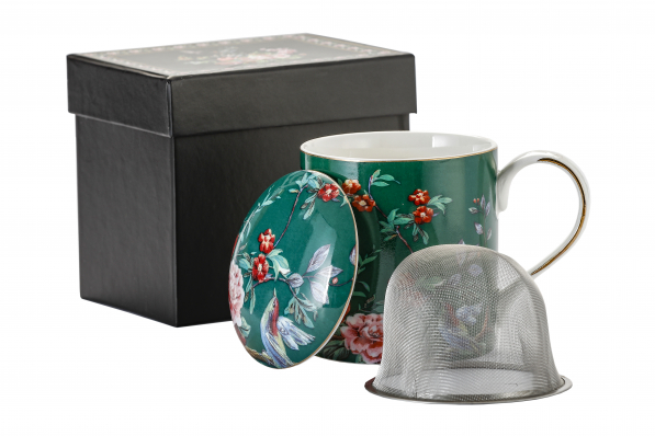 Kubek porcelanowy z zaparzaczem i pokrywką ZIELONY 360 ml