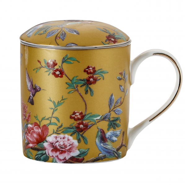 Kubek porcelanowy z zaparzaczem i pokrywką ZŁOTY 360 ml