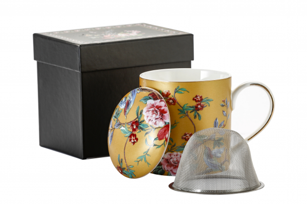Kubek porcelanowy z zaparzaczem i pokrywką ZŁOTY 360 ml