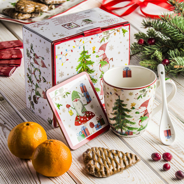 Kubek świąteczny porcelanowy z łyżeczką i podkładką EASY LIFE READY FOR CHRISTMAS 300 ml