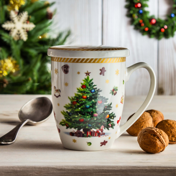 Kubek świąteczny porcelanowy z zaparzaczem i pokrywką DUO CHRISTMAS TREE 2 380 ml