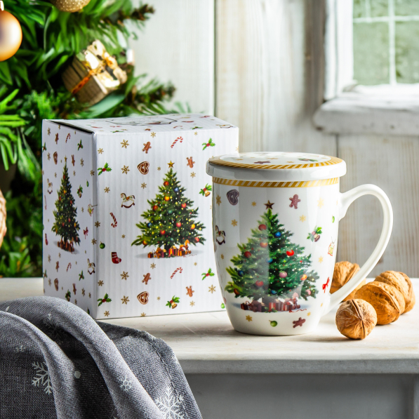 Kubek świąteczny porcelanowy z zaparzaczem i pokrywką DUO CHRISTMAS TREE 2 380 ml