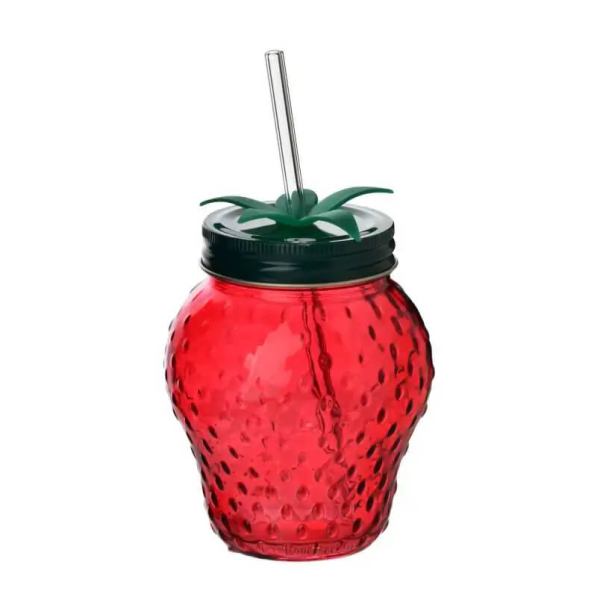 Kubek szklany ze szklaną słomką MODERN KITCHEN TRUSKAWKA 450 ml