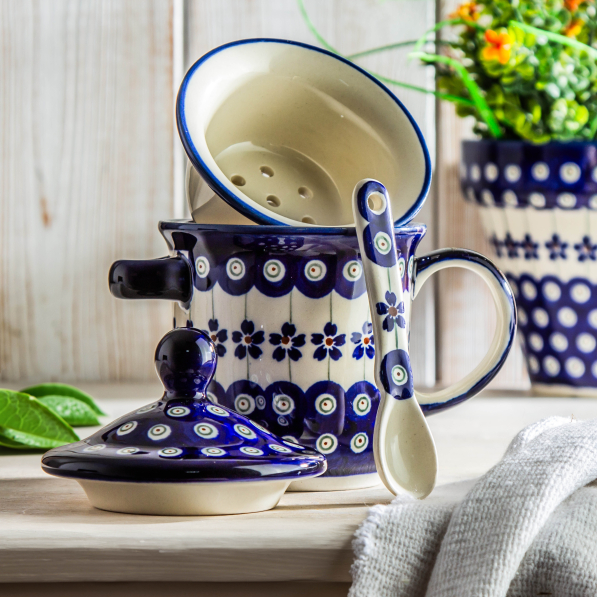 Kubek z zaparzaczem z pokrywką i łyżeczką Ceramika Bolesławiec 270 ml - dek. 166A