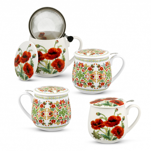 Kubki porcelanowe z zaparzaczami i pokrywkami DUO ETNO AND CLASSIC POPPIES 4 szt. 430 ml