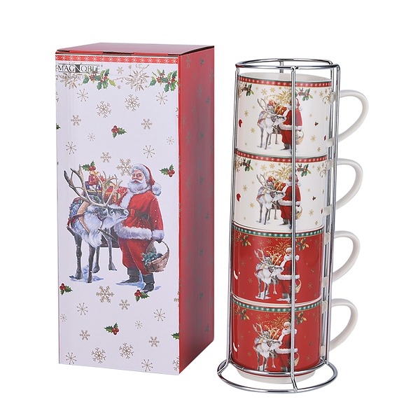 Kubki świąteczne porcelanowe w stojaku MAGIC CHRISTMAS SNOW BIAŁO-CZERWONE 330 ml 4 szt.