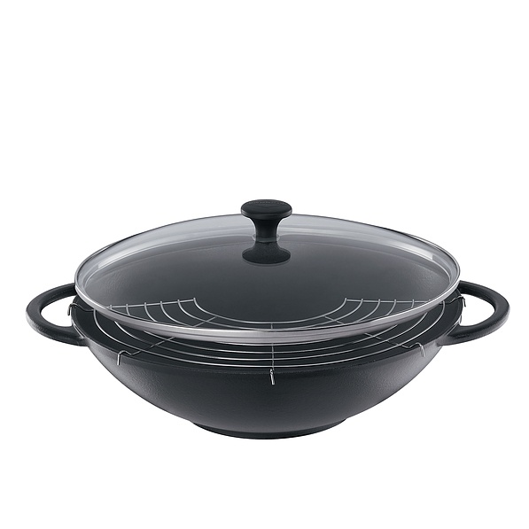 KUCHENPROFI Provence Fuego 36 cm czarny - patelnia / wok żeliwny z pokrywką i rusztem