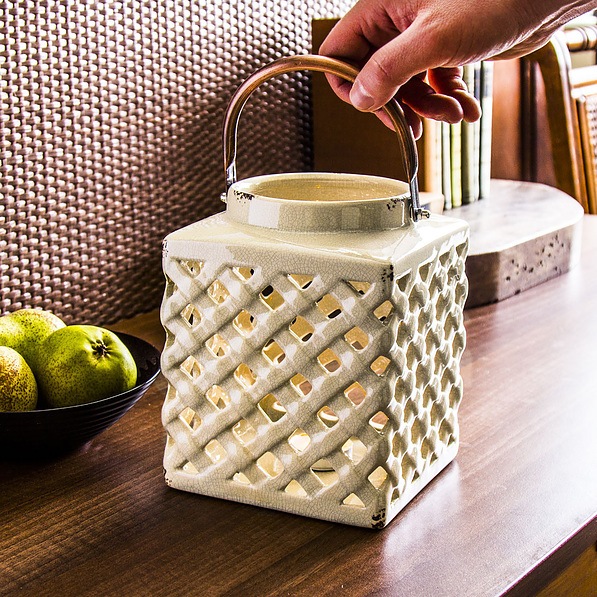Lampion dekoracyjny ceramiczny DUO BASKET KREMOWY 18 cm