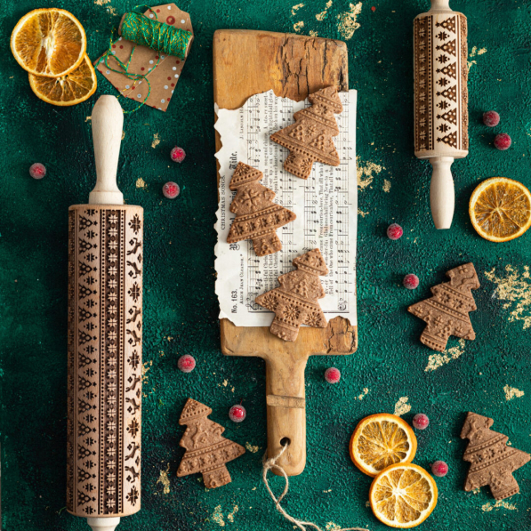LEGALNE WAŁKI Christmas Lines 24 cm - mały wałek świąteczny do ciasta obrotowy drewniany
