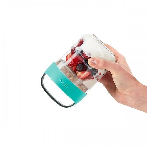 LEKUE Jar To Go 0,4 l turkusowy - pojemnik na żywność plastikowy z miseczką