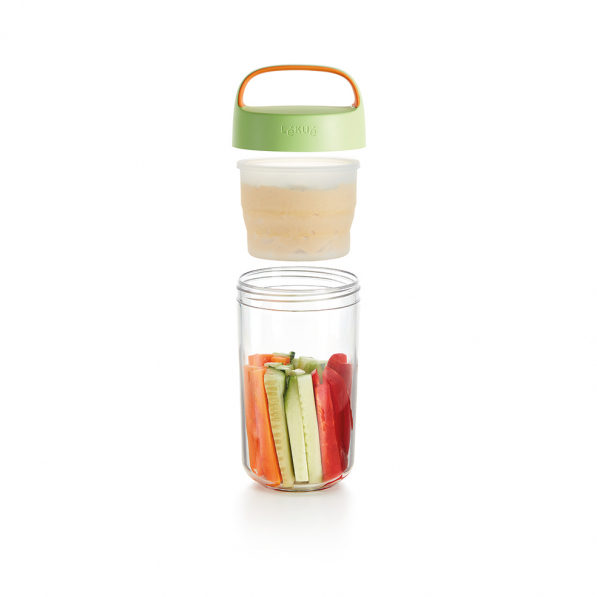 LEKUE Jar To Go 0,4 l limonkowy - pojemnik na żywność plastikowy z miseczką